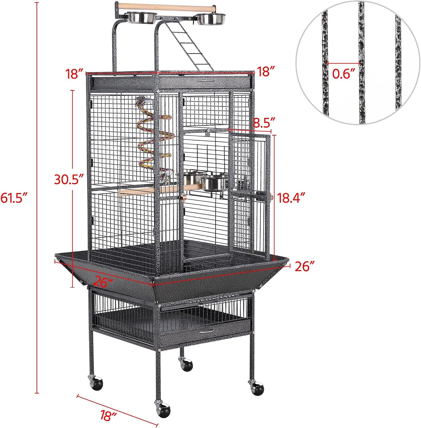 61" Playtop Parrot Bird Cage with Rolling Stand, Wrought Iron Parrot Cage for Cockatiels Quaker Conure Parakeet