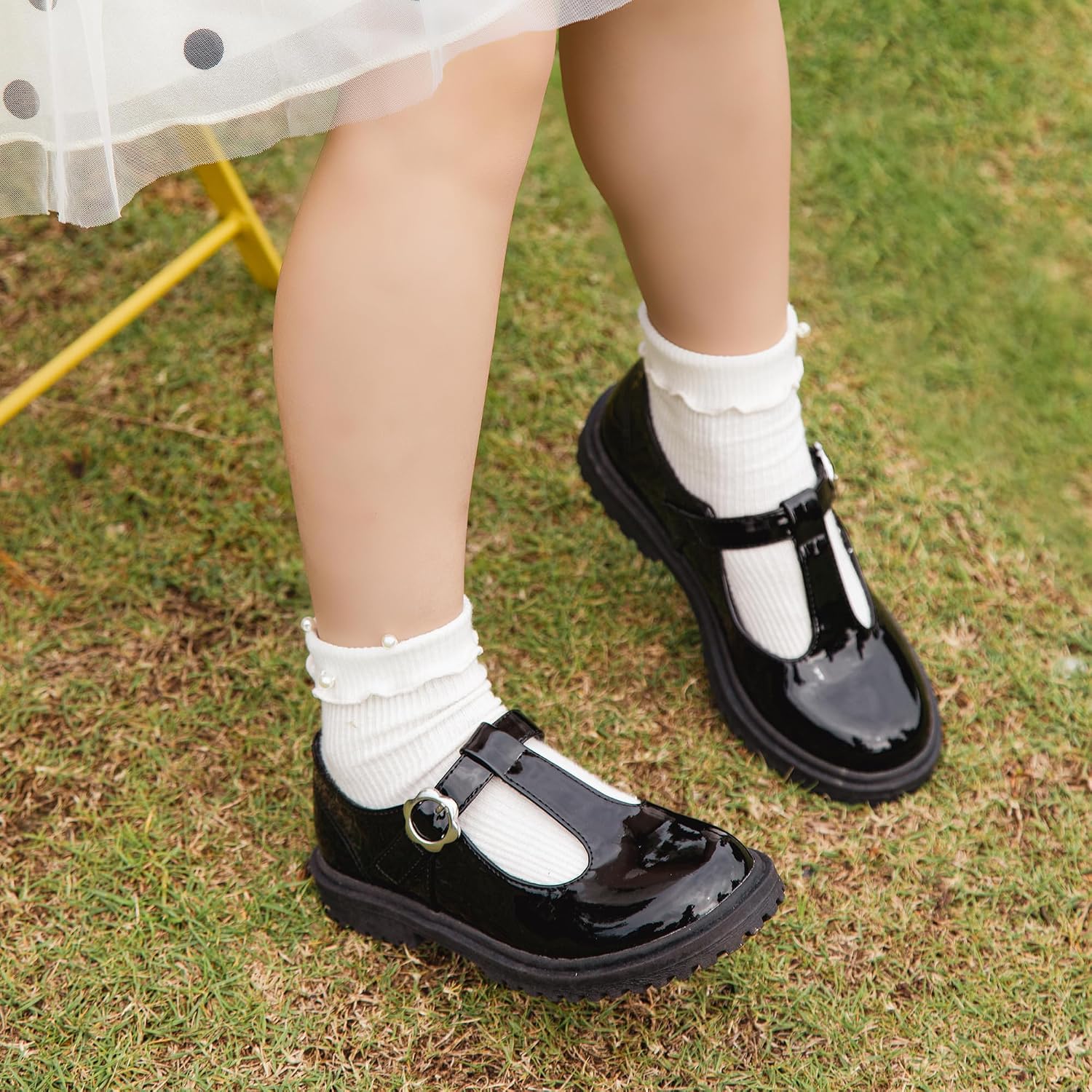 Girls School Uniform Shoes Mary Jane Flats,Low Heel Princess Hook and Loop Dress Shoes for School Party