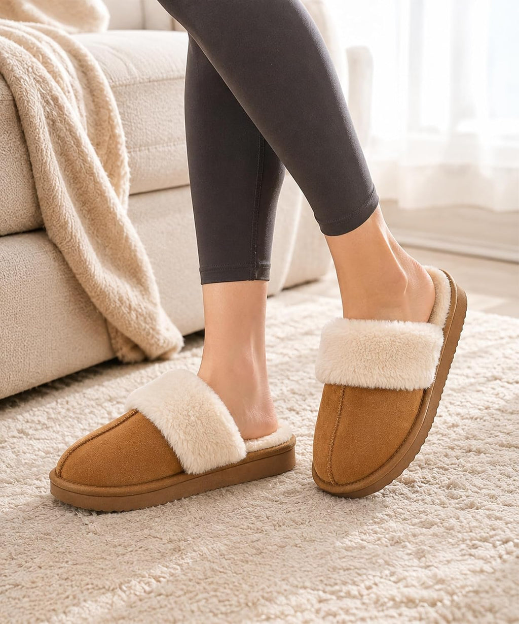Fuzzy Memory Foam Slippers for Women Indoor Outdoor House Shoes | Fluffy Plush Lining, Non-slip Hard Sole, Faux