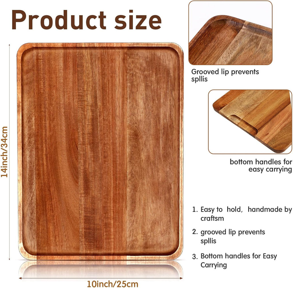 5 Pack Solid Acacia Wood Serving Trays for Food, 14 x 10 Inch