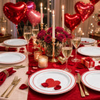 50 Pack Red Rim Plastic Plates, White Disposable Party Plates