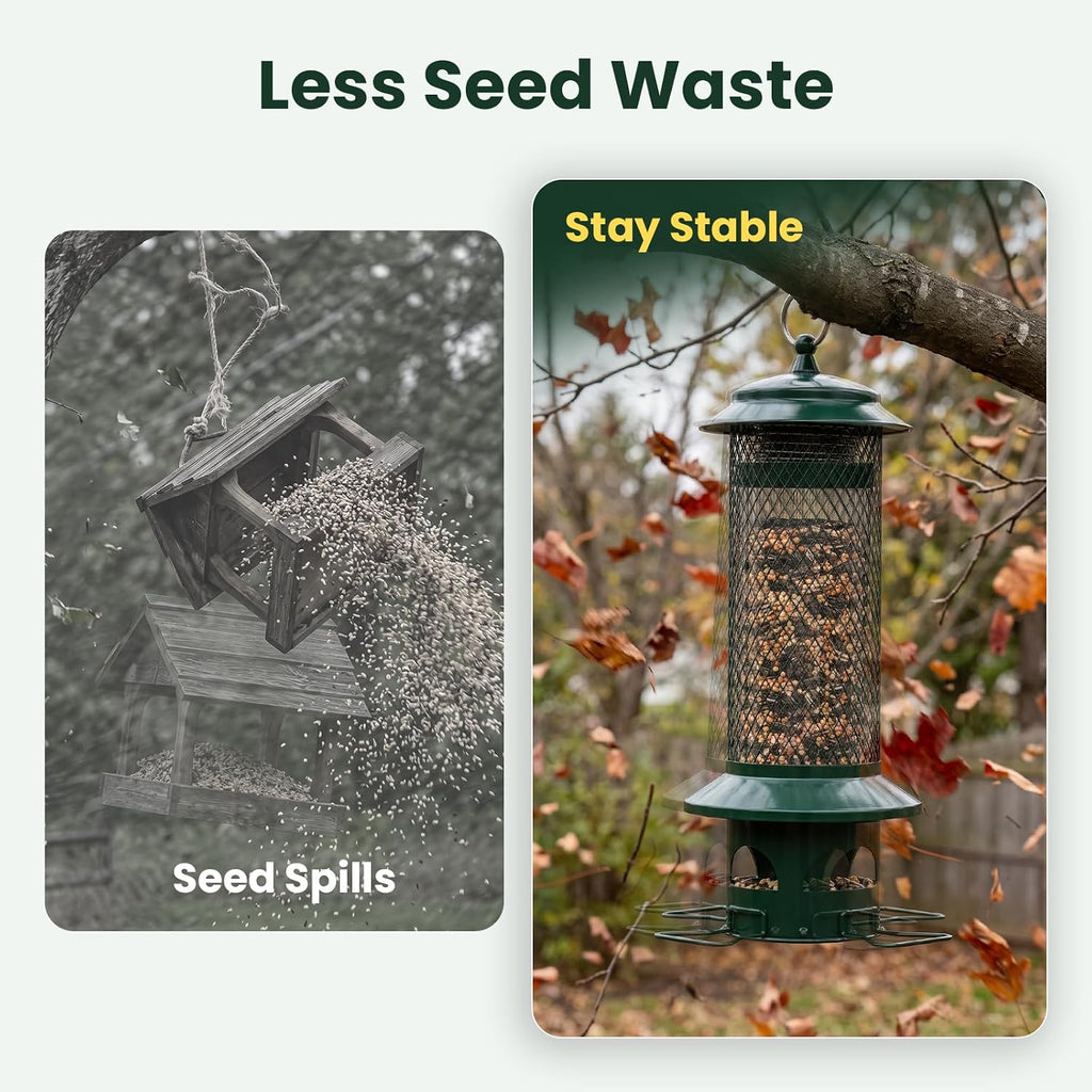 Squirrel Proof Bird Feeders for Outdoors - 4 Port Hanging Metal Bird Feeder with Gravity Spring, Upgraded Metal