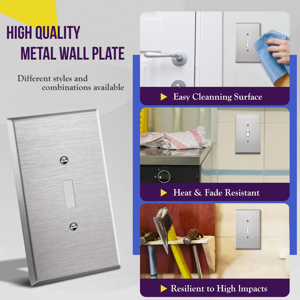 ENERLITES Toggle Light Switch Metal Wall Plate, Over Size 1-Gang, Silver