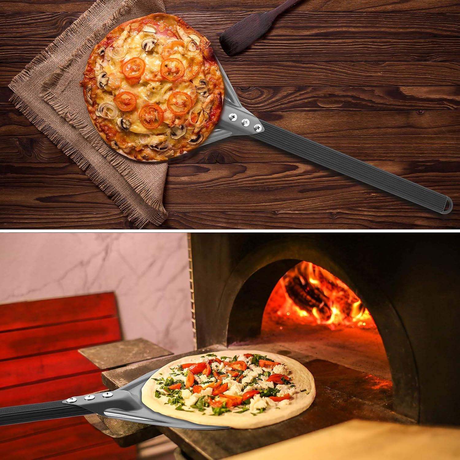 Turning Pizza Peel with 8" Aluminum Round Pizza Paddle,23.6" Overall,Outdoor Pizza Oven Accessories