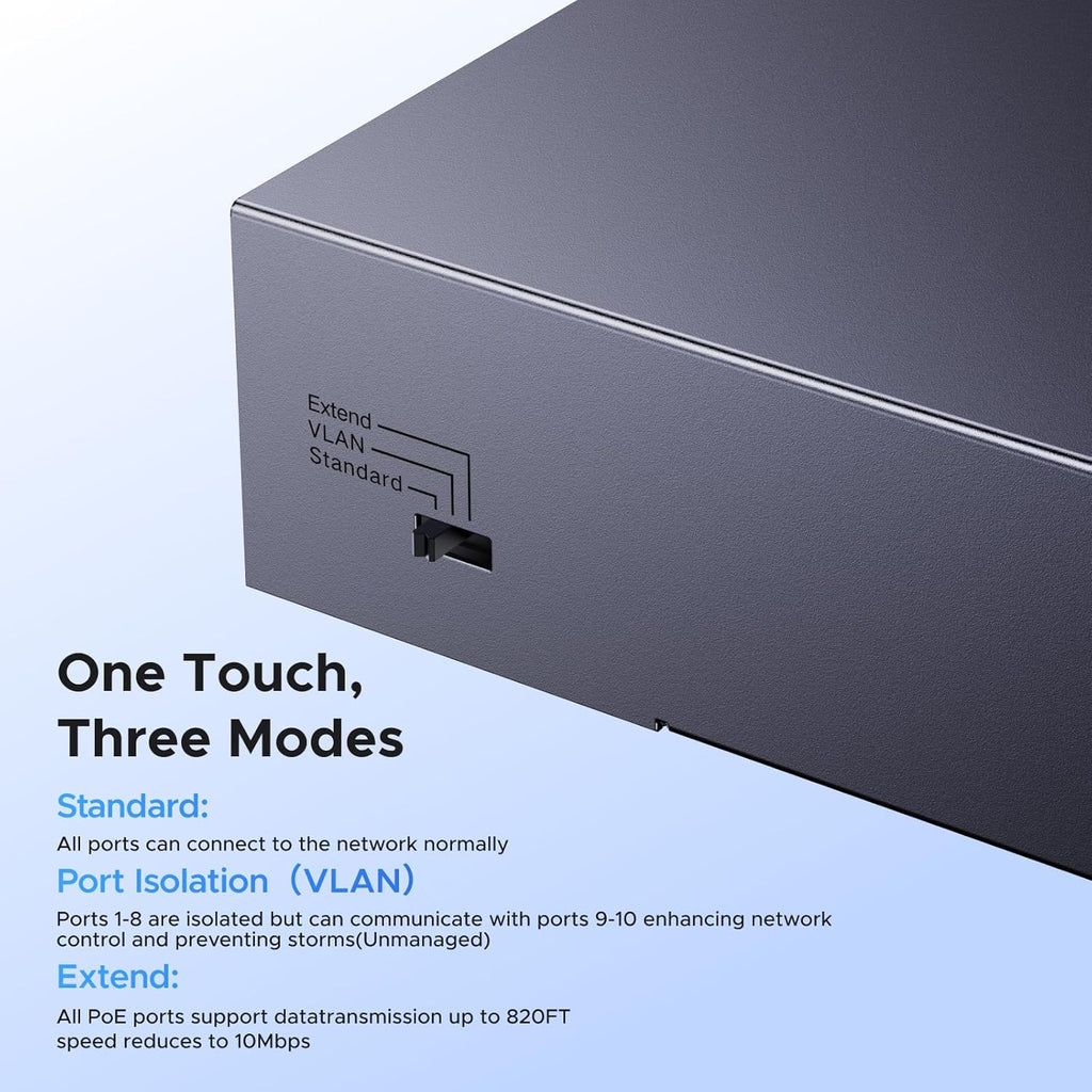 Ethernet Switch, 10-Port PoE Switch, 8 PoE+@60W + 2 Gigabit Uplink | Plug & Play, Standard/Port