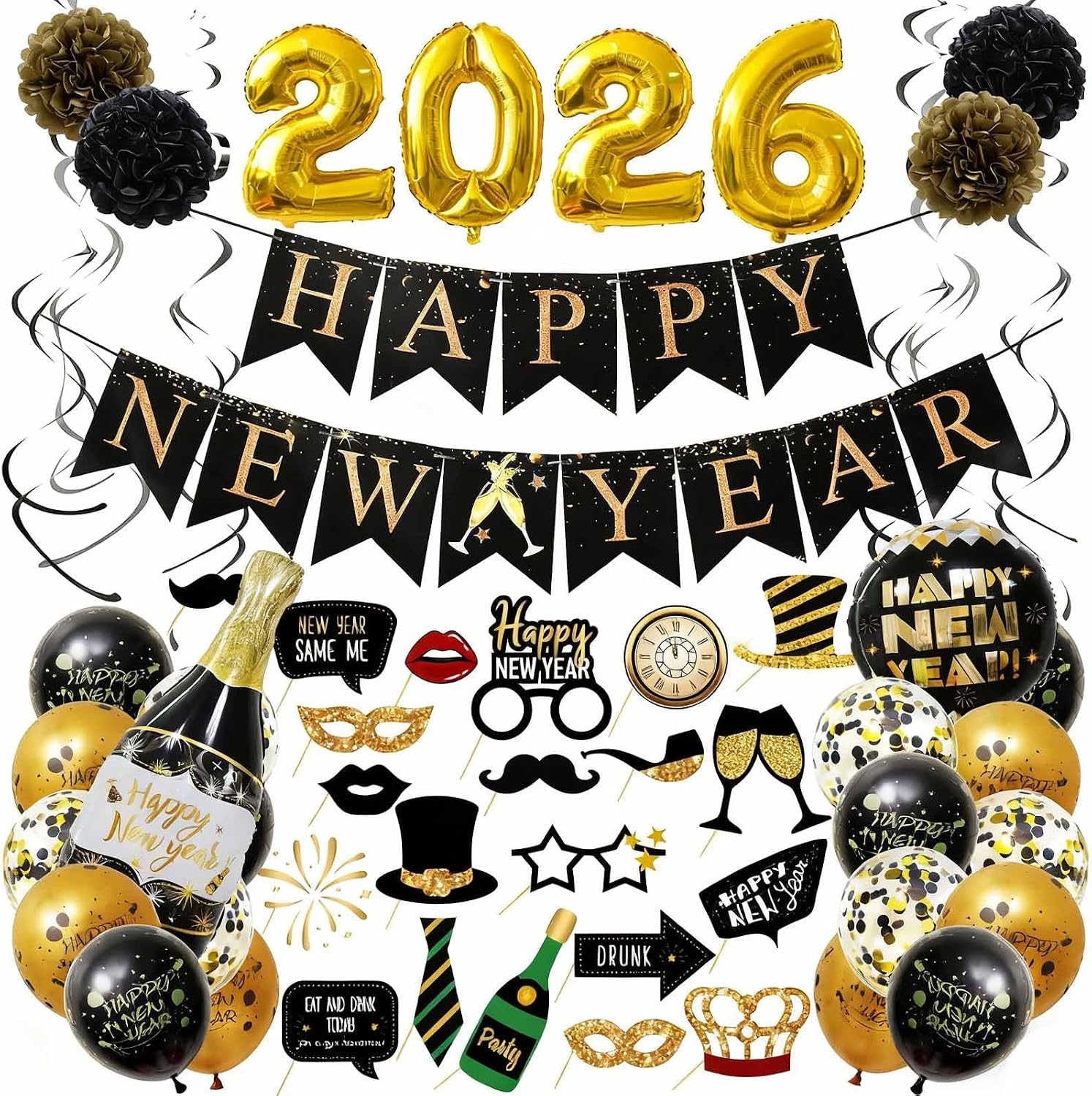 Happy New Year Party Decoration 2026 - New Years Eve Party Supplies 2026 Foil Balloon, Happy New Year Banner, New