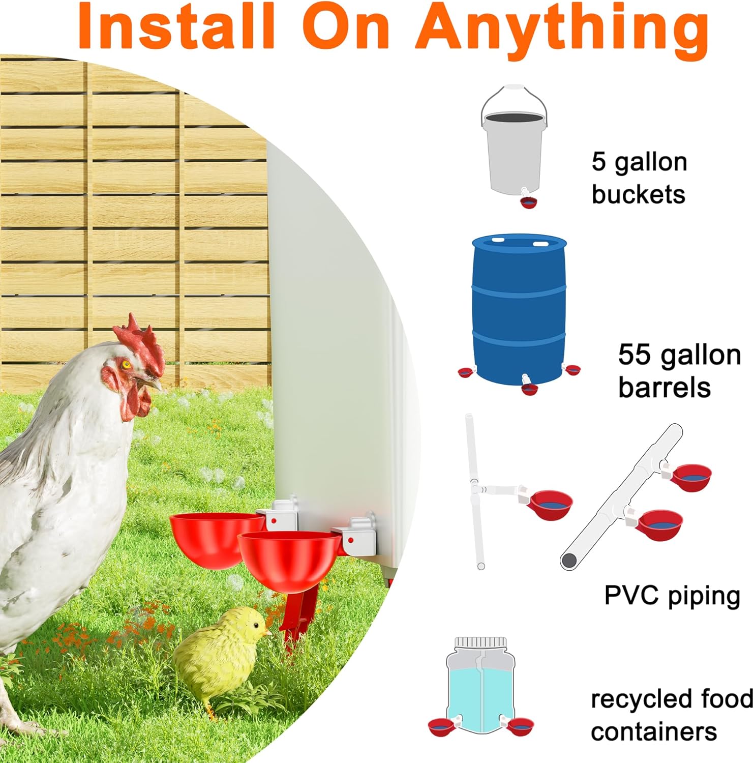 Chicken Waterer Cups, Automatic DIY Chicken Water Bowl 9 Pack | Chicken Flock Waterer Cups with 3/8'' Hole Saw for