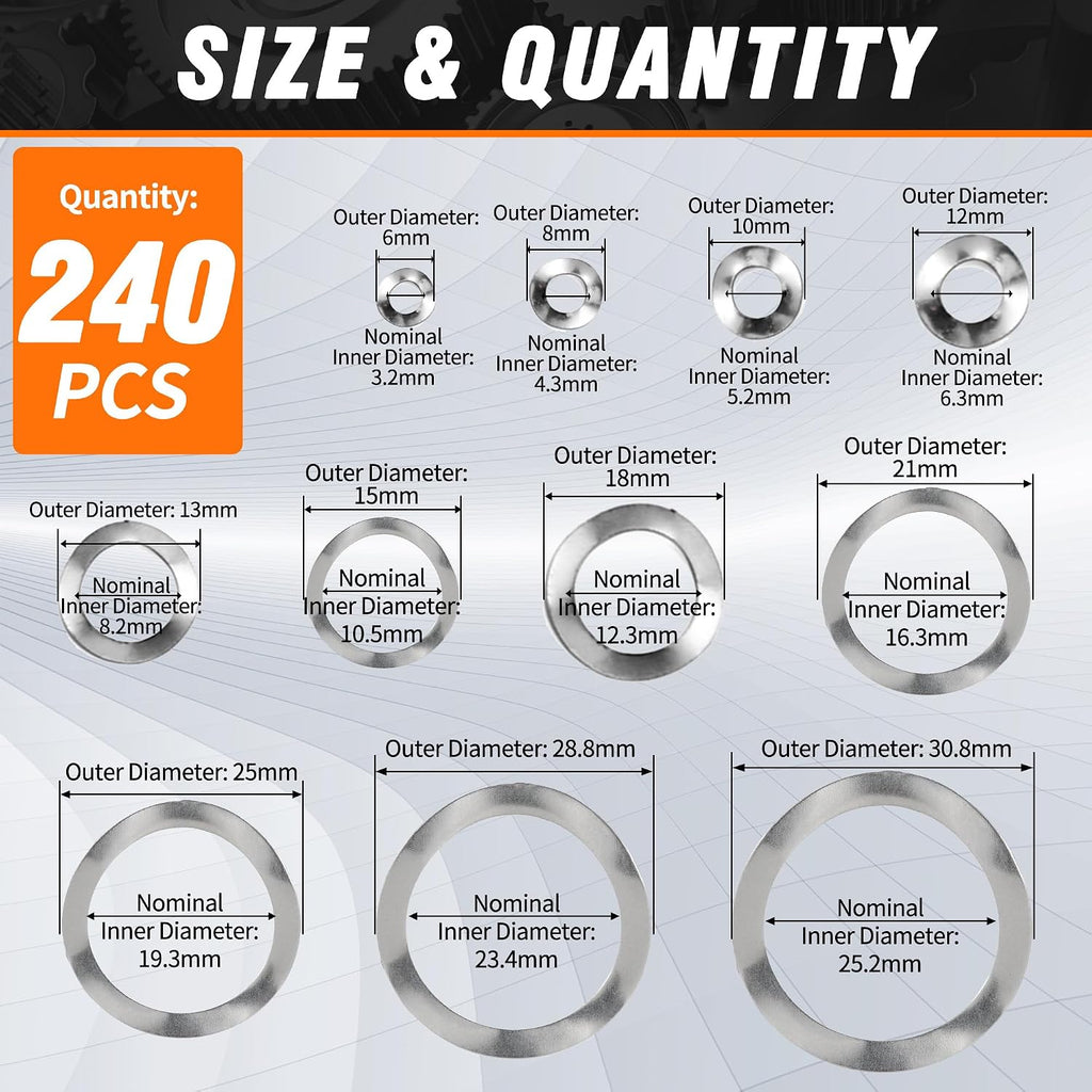 Wave Washer Assortment Kit, 240pcs Wave Spring Washer M3-M25, 304 SS
