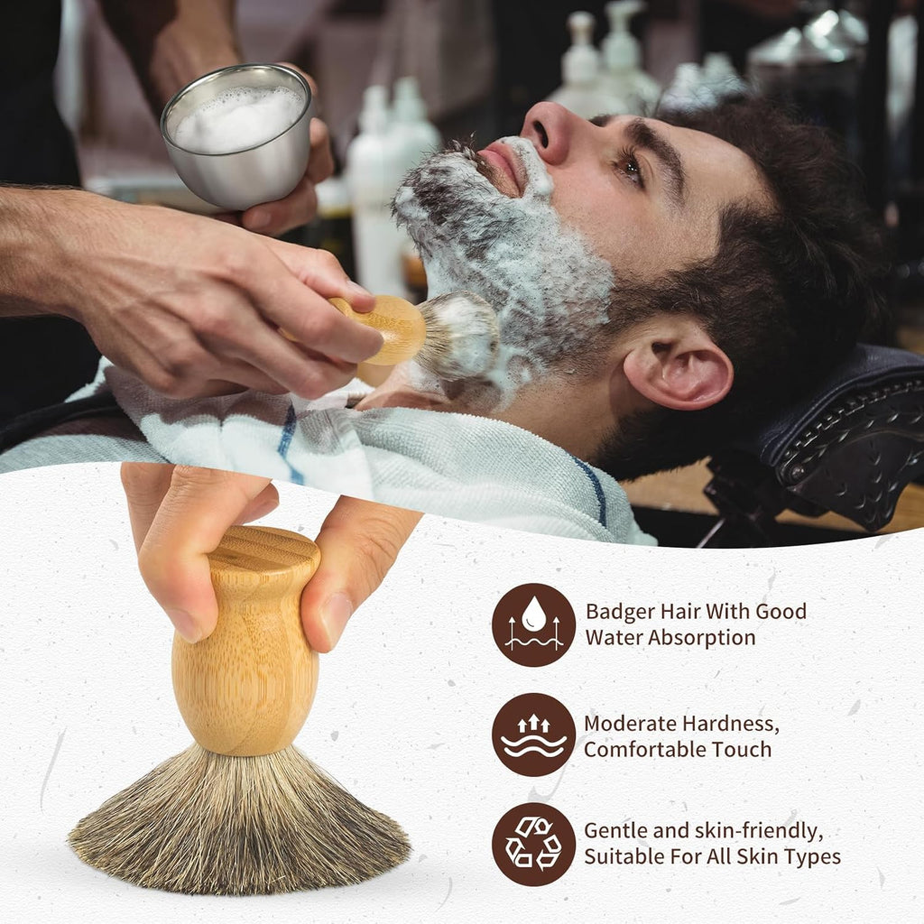 Shaving Brush Set for Men-Pure Badger Hair Brush with Bamboo Handle, Stainless Steel Stand & Bowl, Wet Shaving Kit