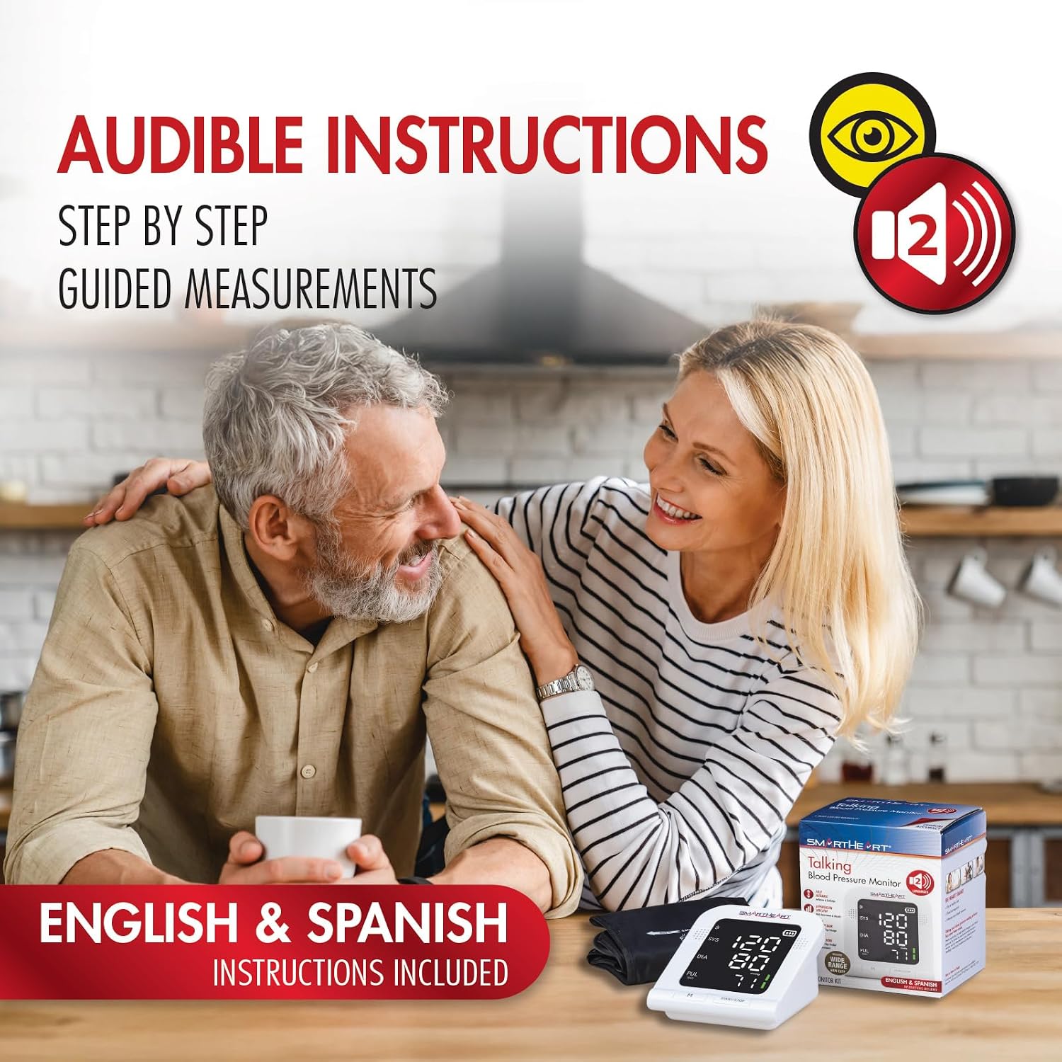 Blood Pressure Monitor | Wide-Range Upper Arm Cuff | Audible English Spanish Instructions and Results for Visually