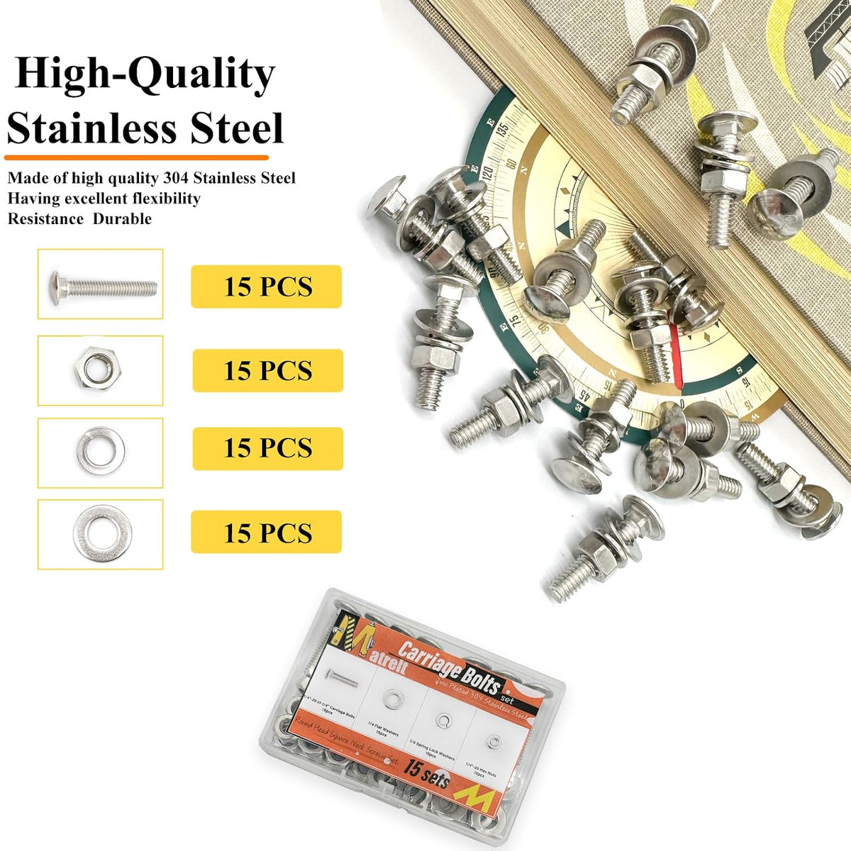 15 Sets 1/4"-20 x1-1/4 Carriage Bolts Round Head Square Neck Screws with Hex Nuts Flat Washers Spring Lock Washers