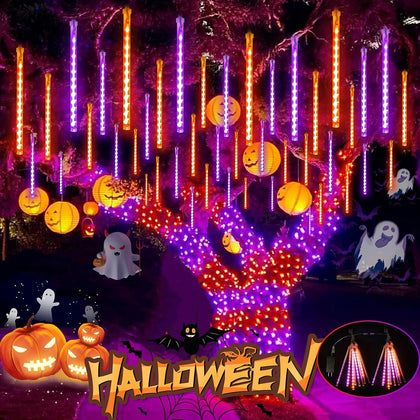 Halloween Lights Outdoor 2 Pack 16 Tube Meteor Shower Lights Orange Purple | Total 384LED, Extendable, Plug in