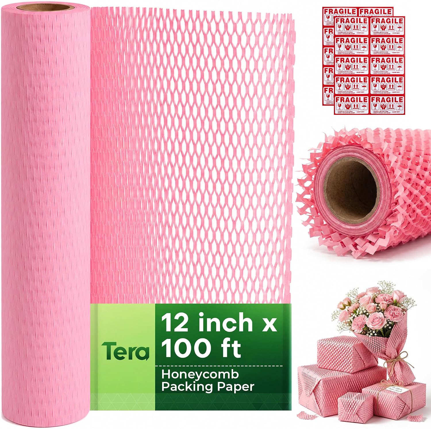Honeycomb Packing Paper Eco-Friendly: 12" x 100' for Moving Packing | Pink Paper Wrap, Expands to 160', Bubble Wrap