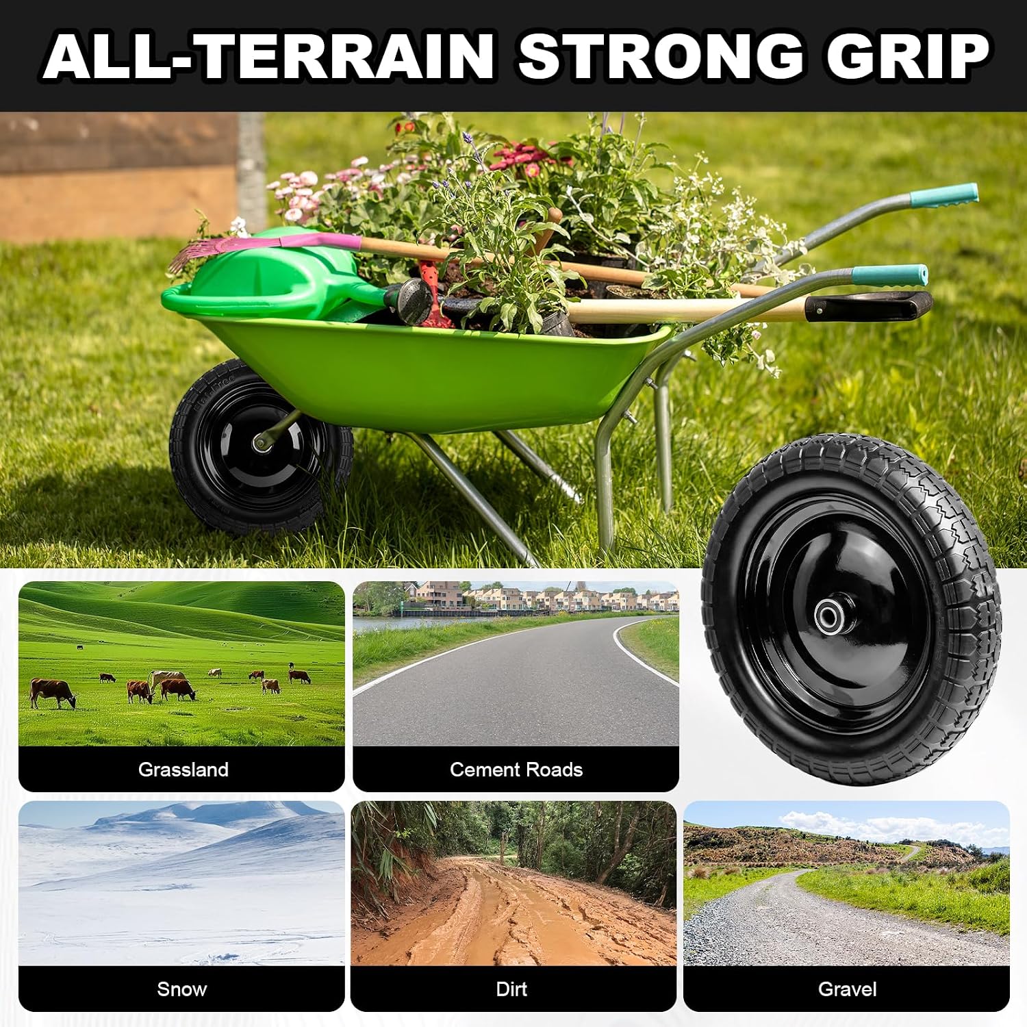 1-Pack 4.80/4.00-8 Tire - 14.5" Flat-Free Tire Wheelbarrow Tire with 3" Centered Hub, 5/8" 3/4" Bearings, Heavy Duty
