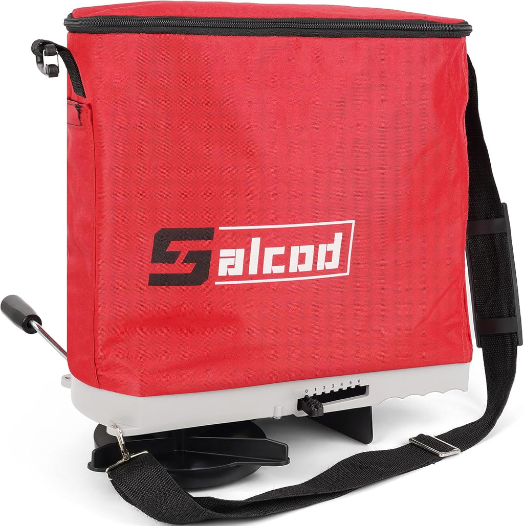 25 lb Bag Seed Spreader, Handheld Broadcast Fertilizer Spreader, Red | Waterproof Bag, Enclosed Gears, Rear Baffle