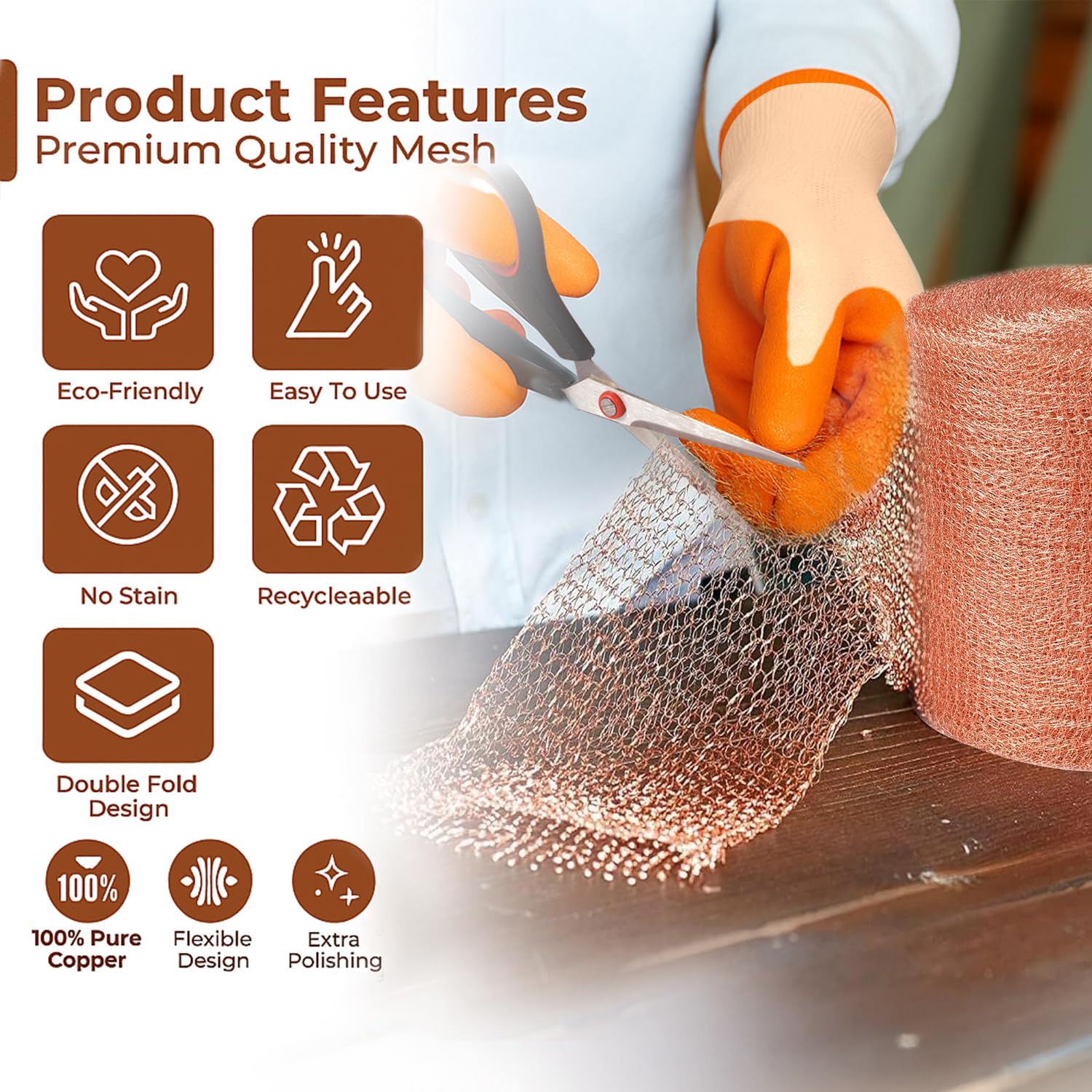 Copper Mesh Rodent Control Roll, 5 in x 106 ft, with Scissors and Gloves | Rustproof Copper Mesh Roll for Rodent, Bat