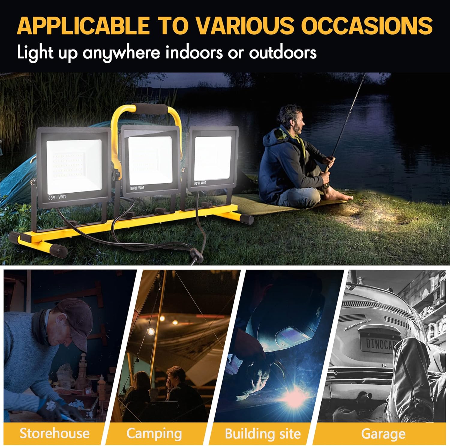 22000 Lumen Work Lights with Stand, 3 Head Portable LED Work Light, with Adjustable&Foldable Tripod Stand, IP66