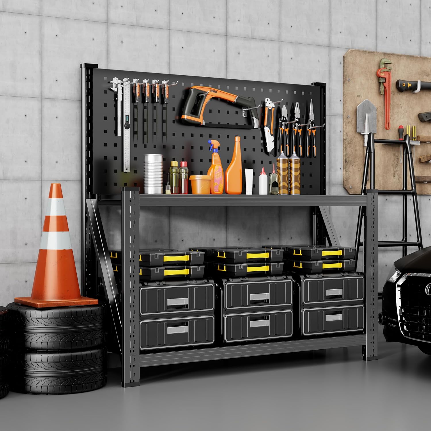 Heavy Duty Workbench with Pegboard, Garage Tool Storage Table | Adjustable metal tool work stand, heavy duty storage