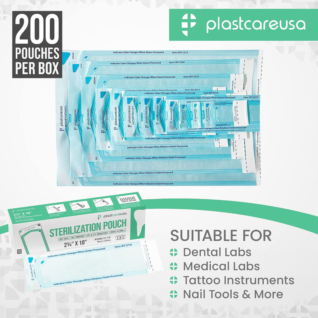 200 2.75 x 9 Self-Sterilization Pouches for Cleaning Tools, Autoclave Sterilizer Bags for Dental Offices, Pouch for