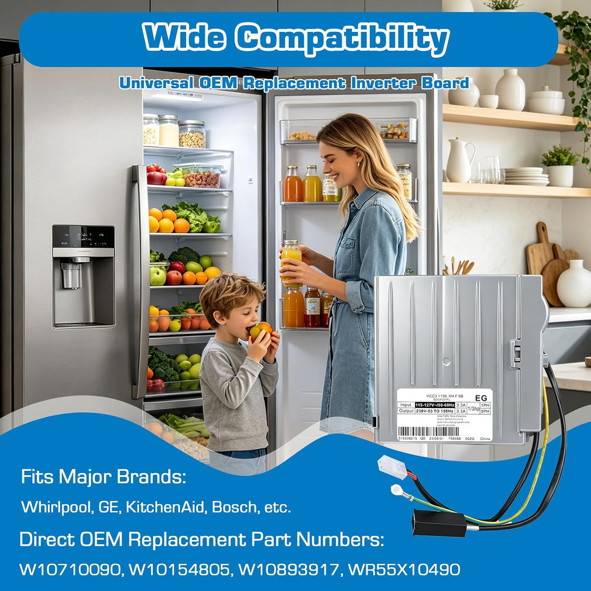 W10710090 Refrigerator Inverter Control Board VCC3 1156 M4 F 9B 3.3A Replaces W10154805 W10893917 WR55X10490 for GE Bosch Refrigerators, Includes PVC Tape, Screwdriver, Nitrile Gloves