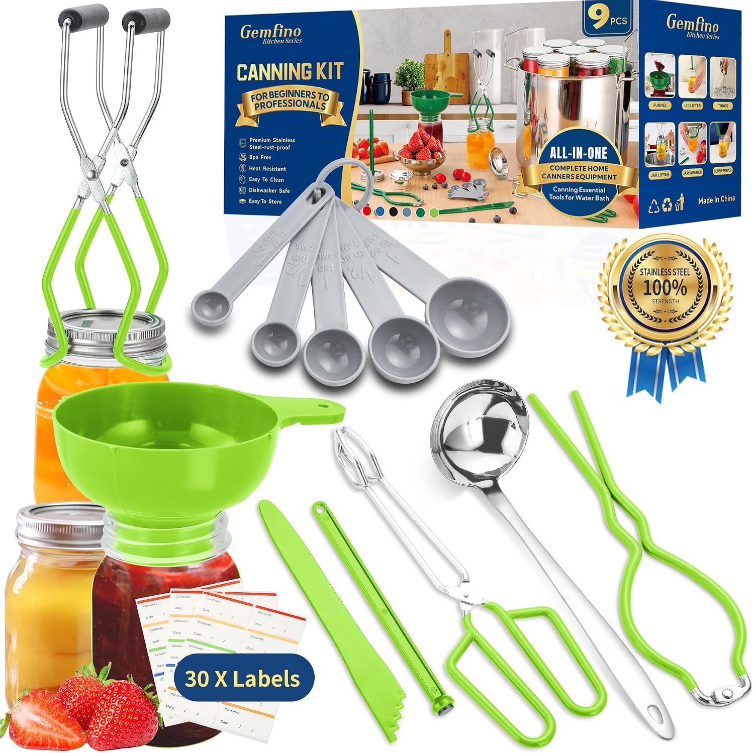 Canning Supplies Starter Kit,Canning Kit for Beginners of 9 with Jar Lifter，Wide Mouth Funnel,Wrench,Tongs,Lid
