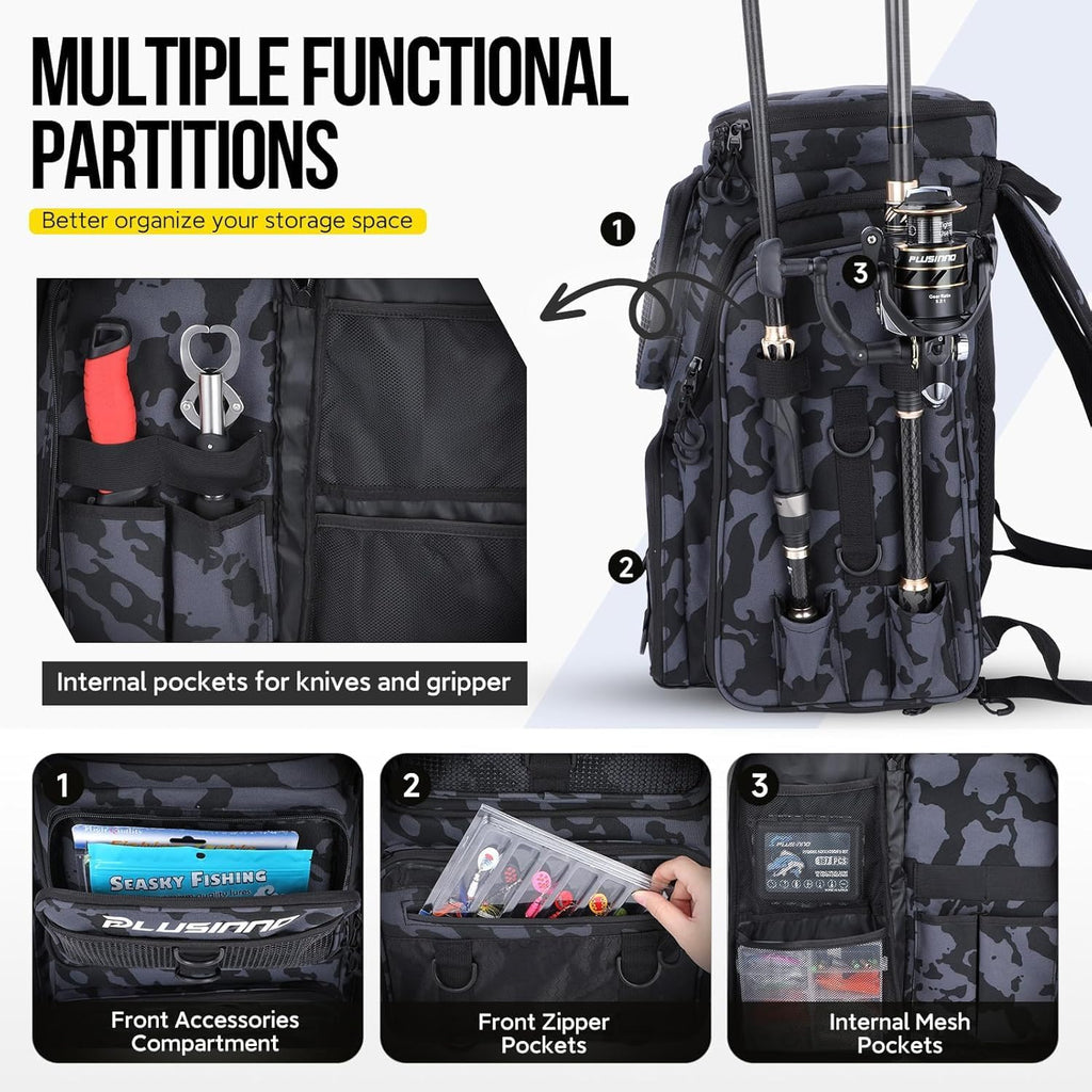 Fishing Backpack with Fishing Gear Fish Net & Rod Holders Tackle Box, 42L Large Water-resistant Tackle Bag Store