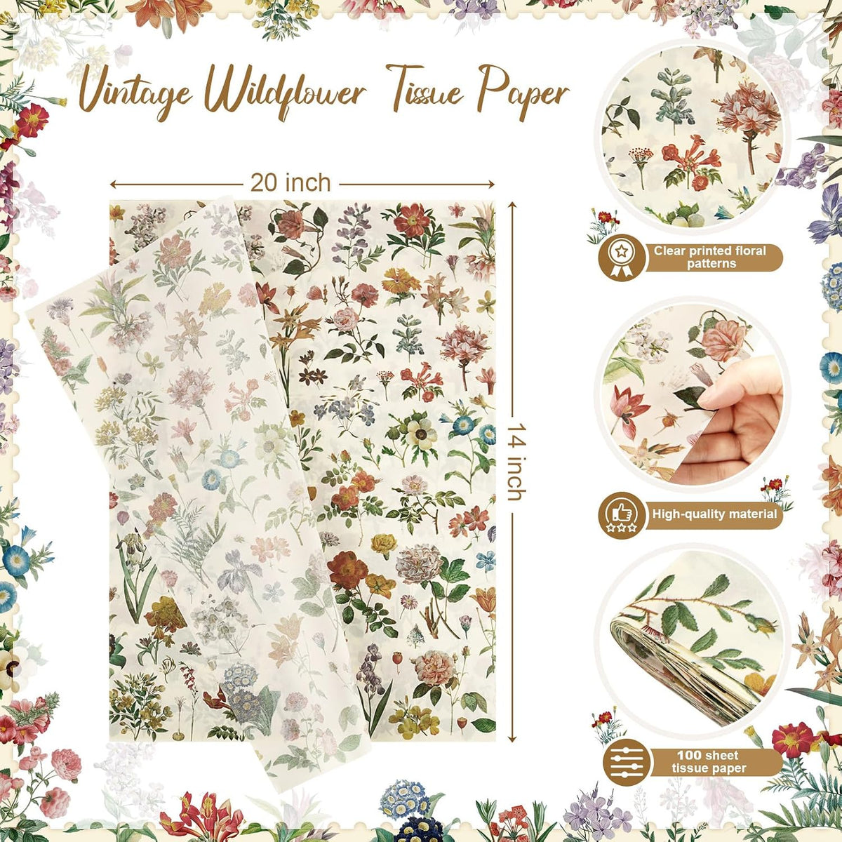 100 Sheets Vintage Floral Tissue Paper, Wildflowers, 20 x 14 Inch