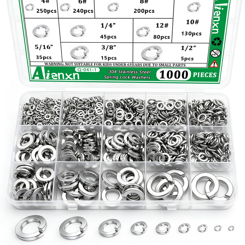 Aienxn 1000PCS Spring Lock Washers Assortment, 304 SS 9 SAE Sizes #4-1/2"