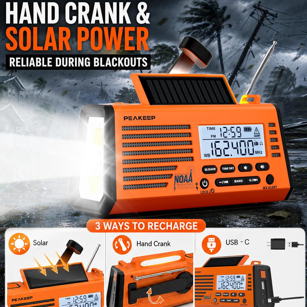 Emergency Radio NOAA Weather Alert Battery Solar Crank Powered | AM FM SW Portable Radio, Rechargeable Battery