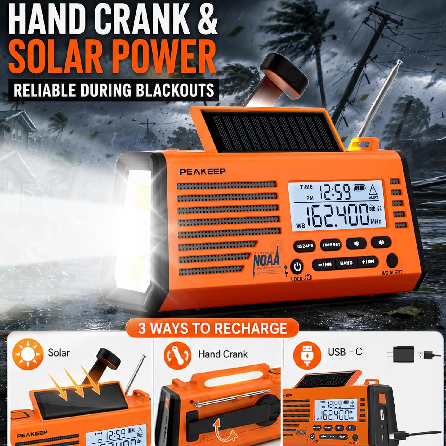 Emergency Radio NOAA Weather Alert Battery Solar Crank Powered | AM FM SW Portable Radio, Rechargeable Battery