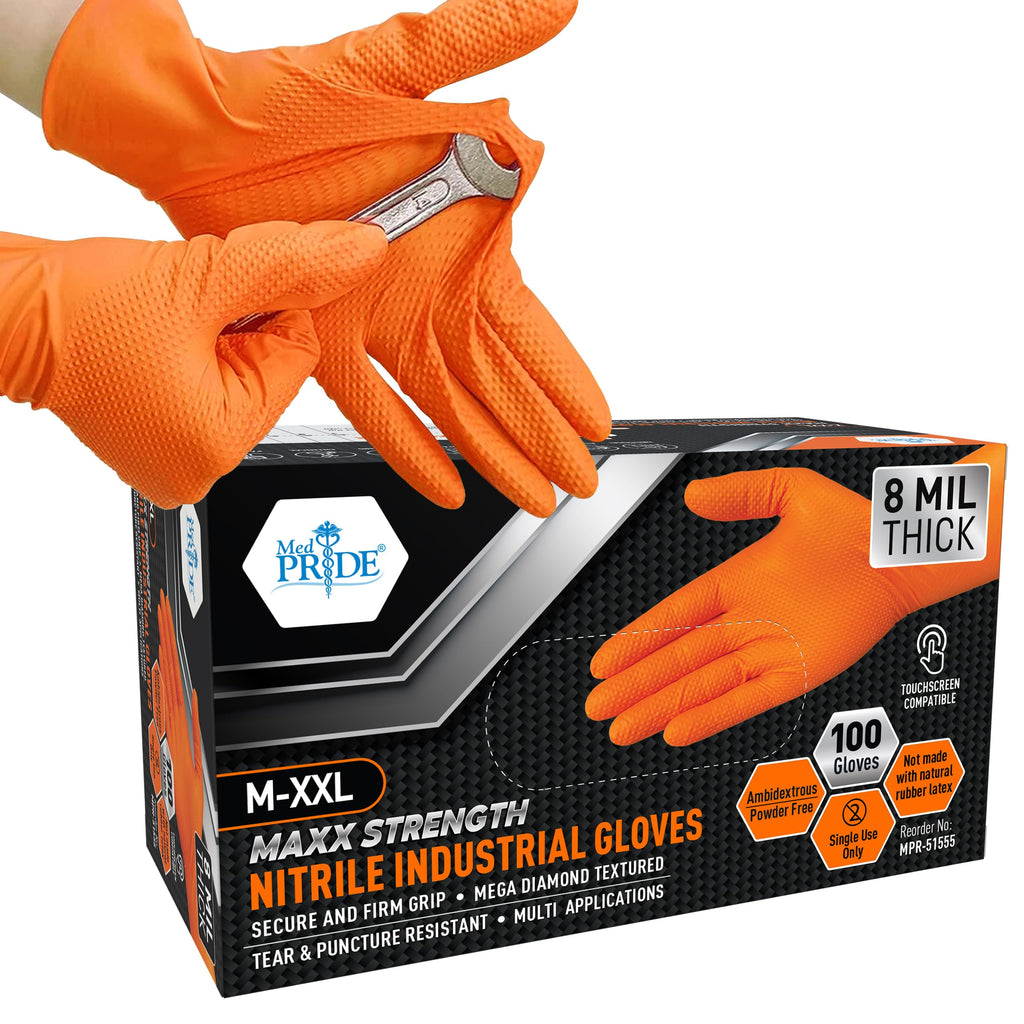 Orange Nitrile Gloves,8 Mil,Diamond Textured,Medium,100-Count
