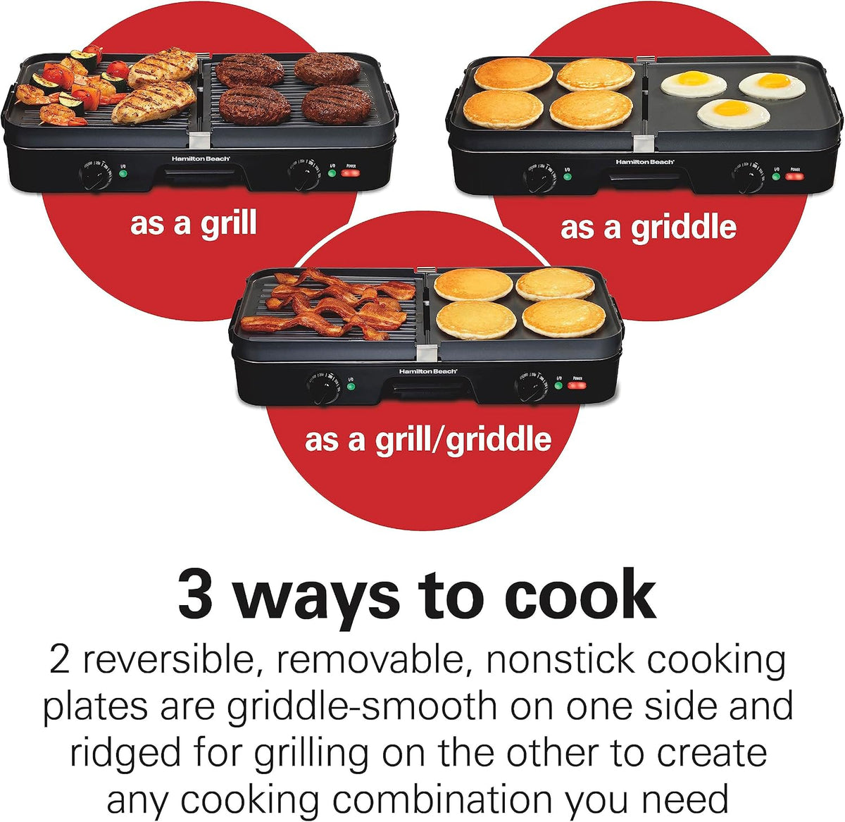 3-in-1 Electric Indoor Grill + Electric Griddle | 180 sq. in. Reversible PFAS-Free Non-Stick Plates | 2 Individual