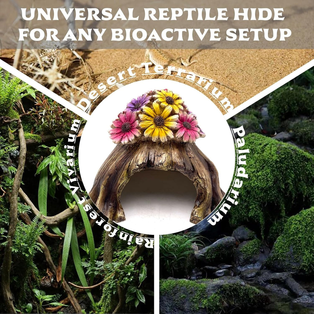 Humid Hide for Leopard Gecko – Resin Reptile Hide with Artificial Flowers, Tree Stump Cave for Crested Gecko Corn