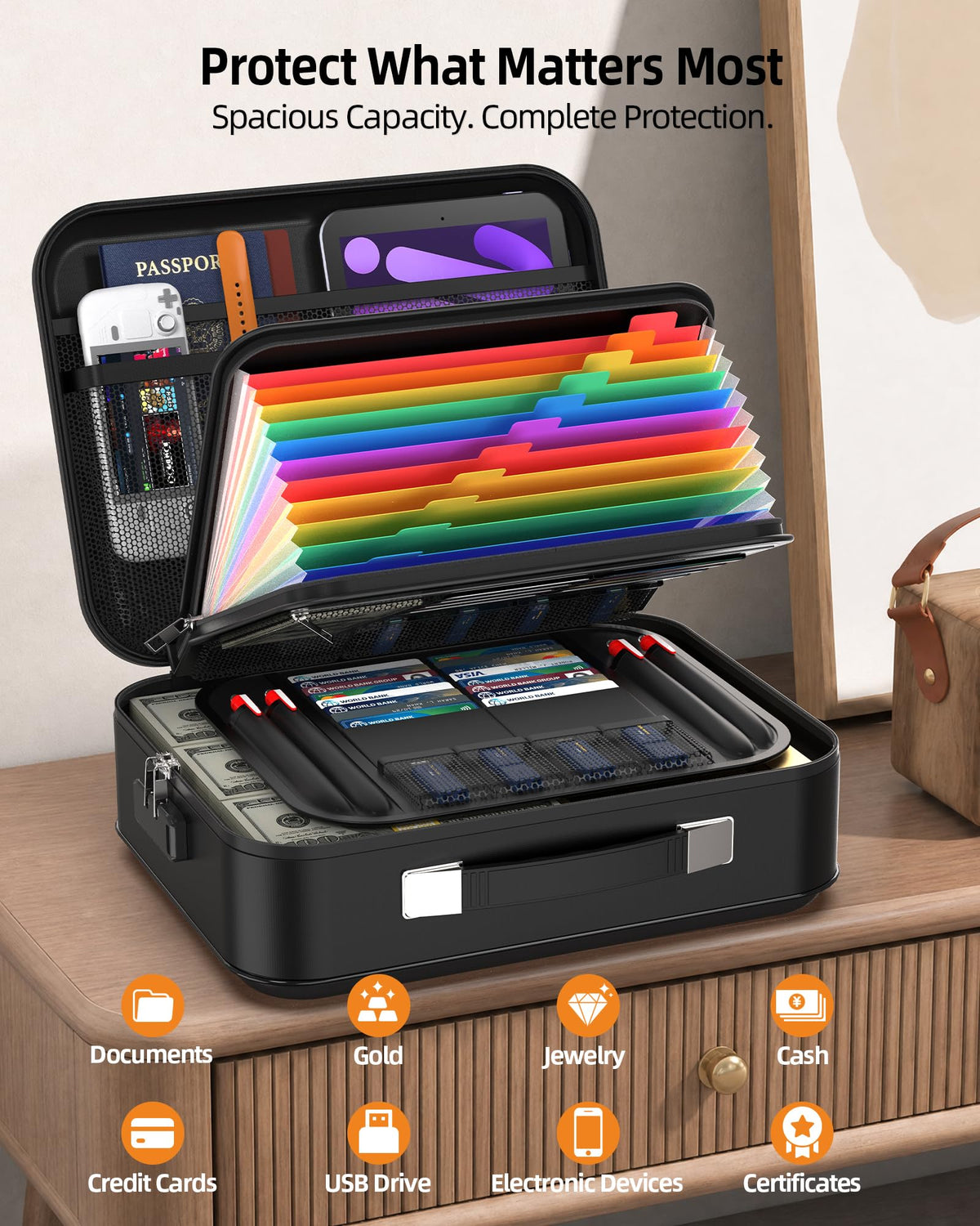 Fireproof Document Box - 8-Layer Hard Shell Fire Proof Safe for Home Documents, Water Resistant File Organizer for