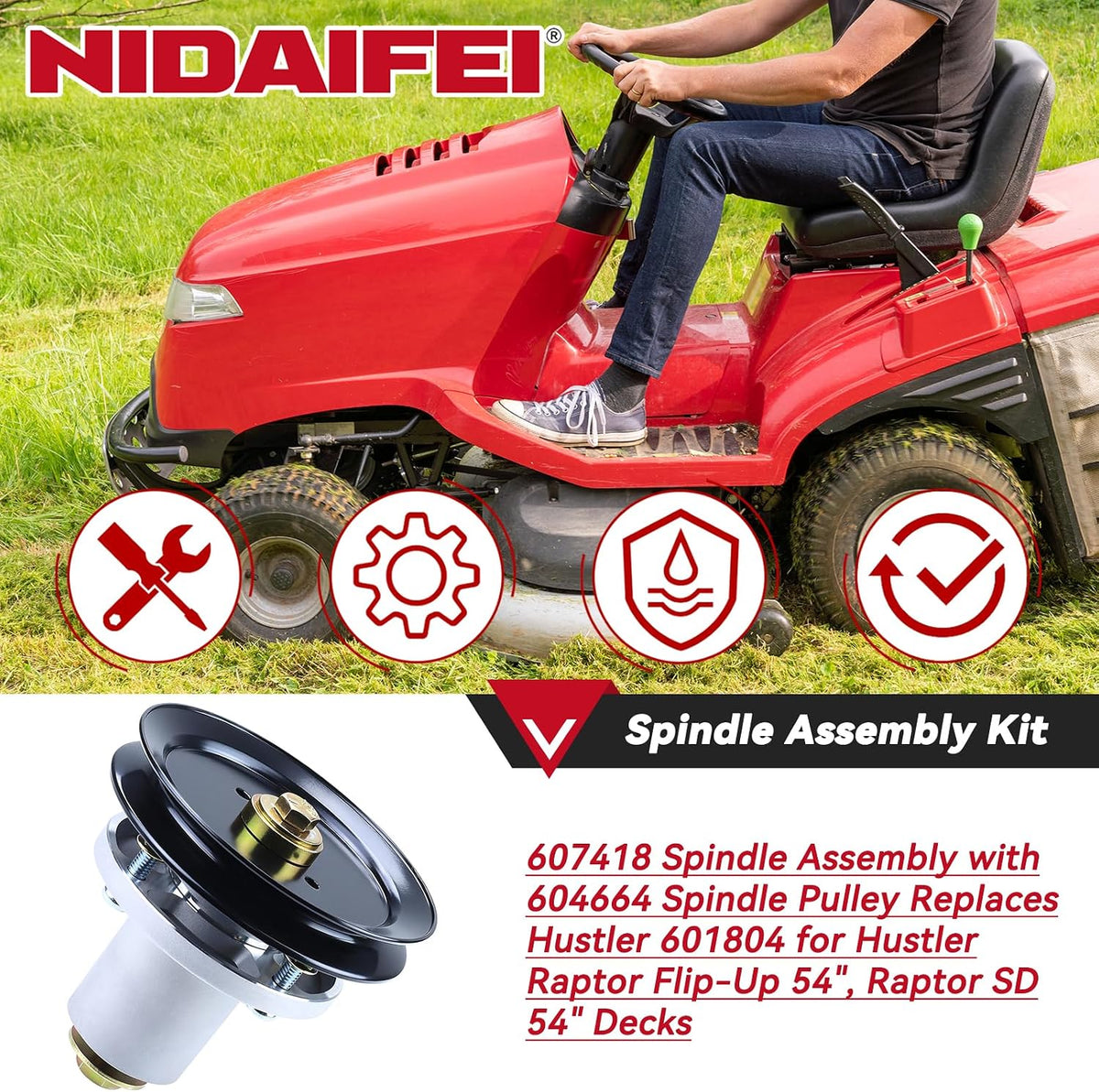 607418 Spindle Assembly with 604704 Pulley for Hustler 60" Mowers | Replace Hustler 601804 Spindle Assembly for