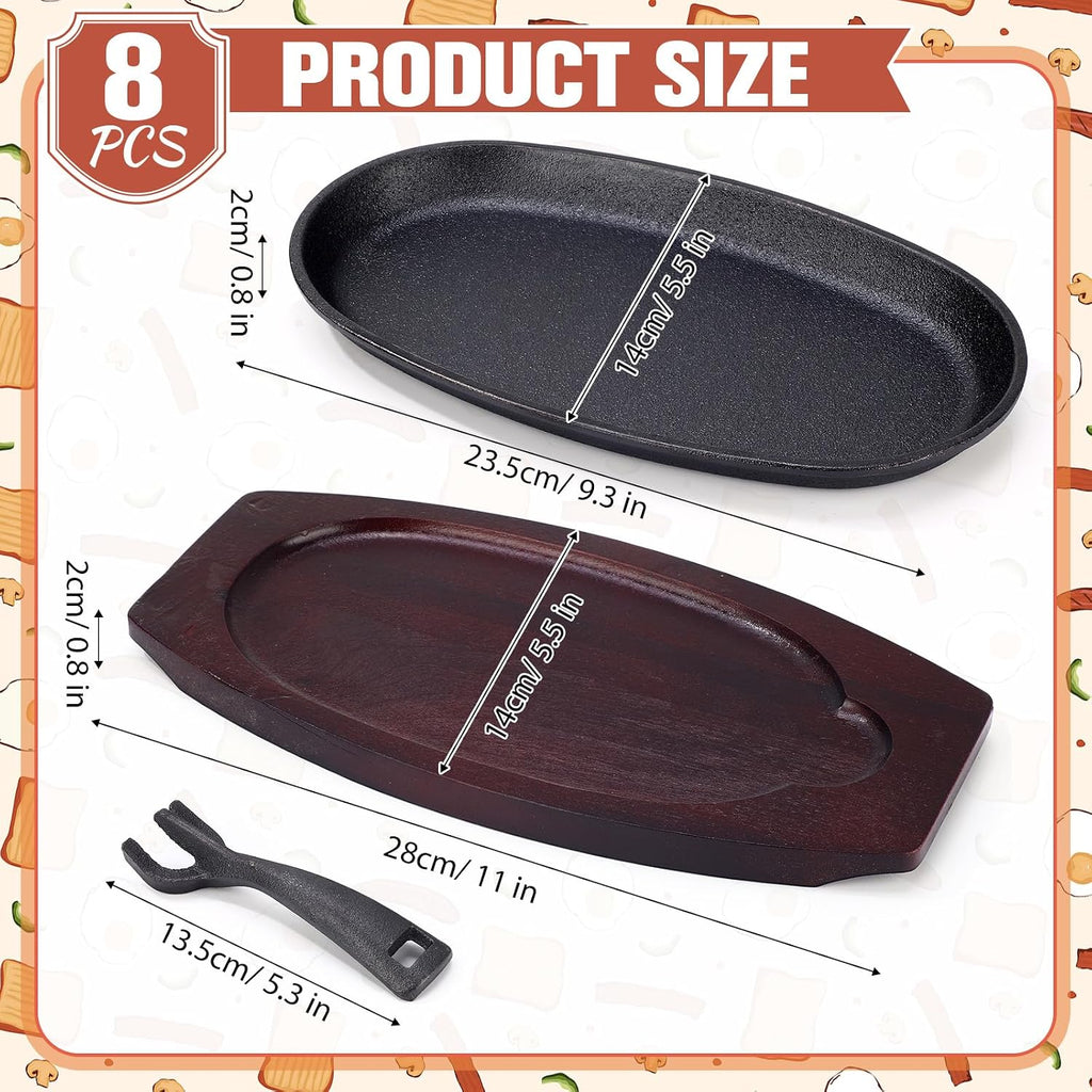 8 Pieces Cast Iron Fajita Skillet Pan Set Sizzling Steak Plate