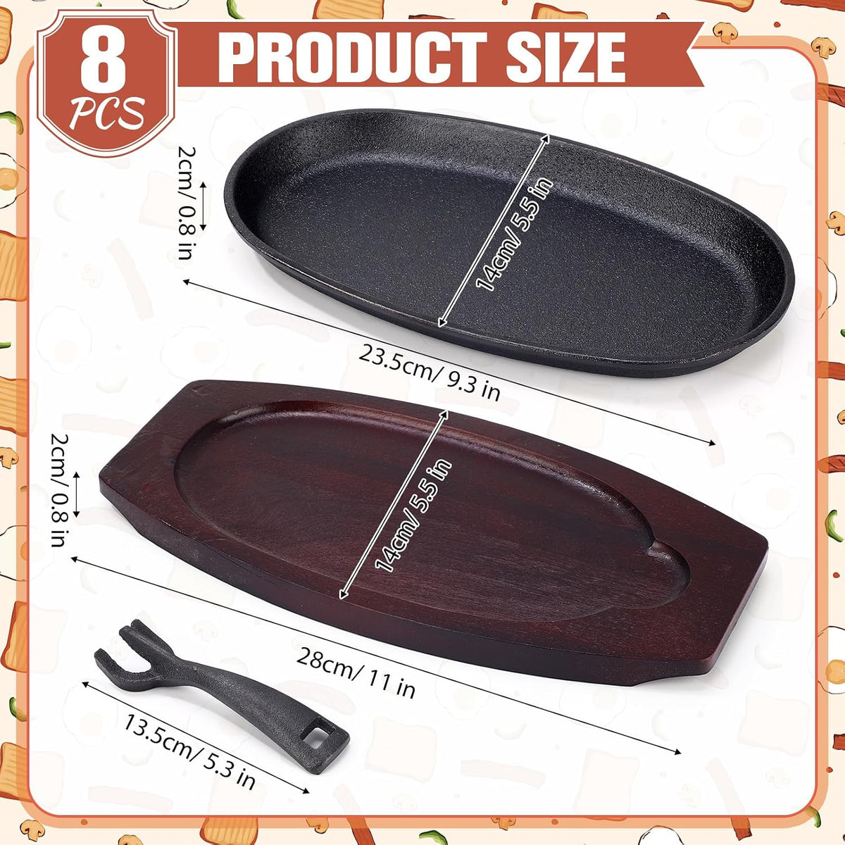 8 Pieces Cast Iron Fajita Skillet Pan Set Sizzling Steak Plate