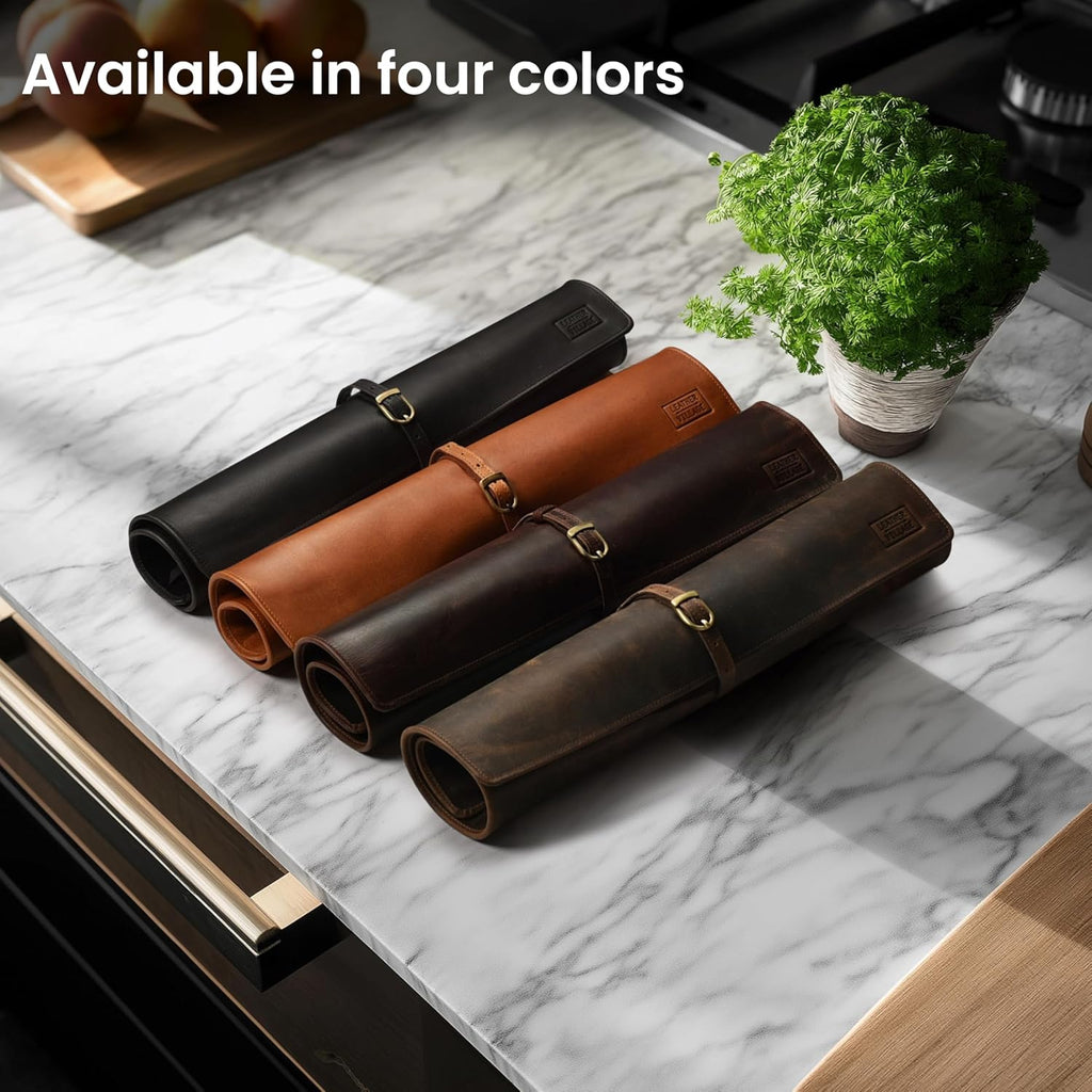 Genuine Leather Knife Roll Bag For Chef Professional-Black | Durable Sheath Holder, Cooks & Culinary Tools Organizer