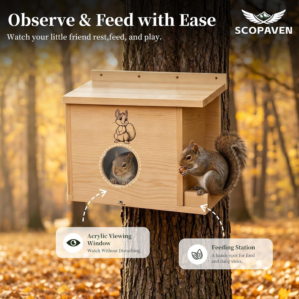 XL Squirrel House 16.5", Anti-Predator Nest Box with Feeder, Viewing Window