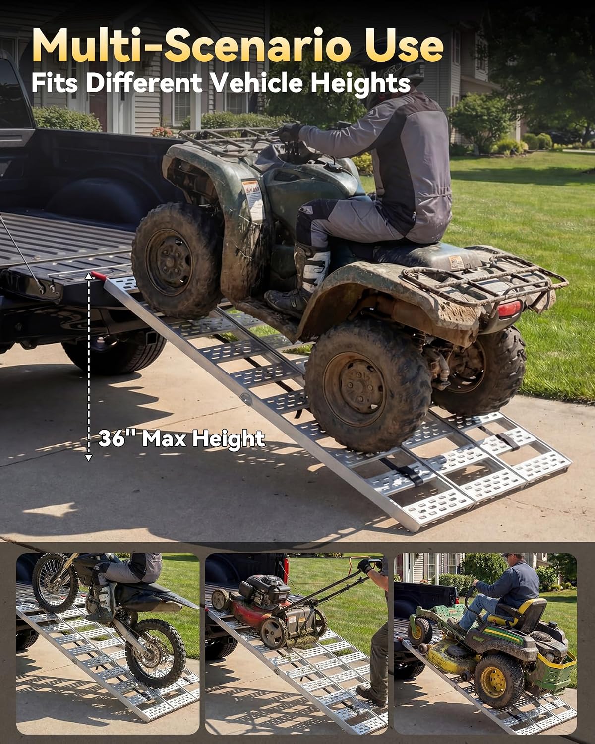 Tri-Fold Aluminum Loading Ramp for Pickup Trucks & Trailers, 1500 lbs Capacity Folding Ramp for Motorcycles, ATV