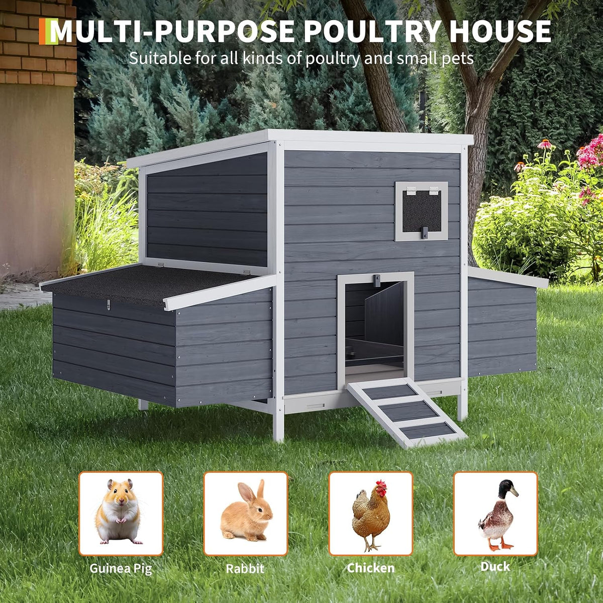 Wooden Chicken Coop with 2 Nesting Boxes & Lockable Doors, Outdoor Chicken House with Weatherproof Roof, Poultry Cage