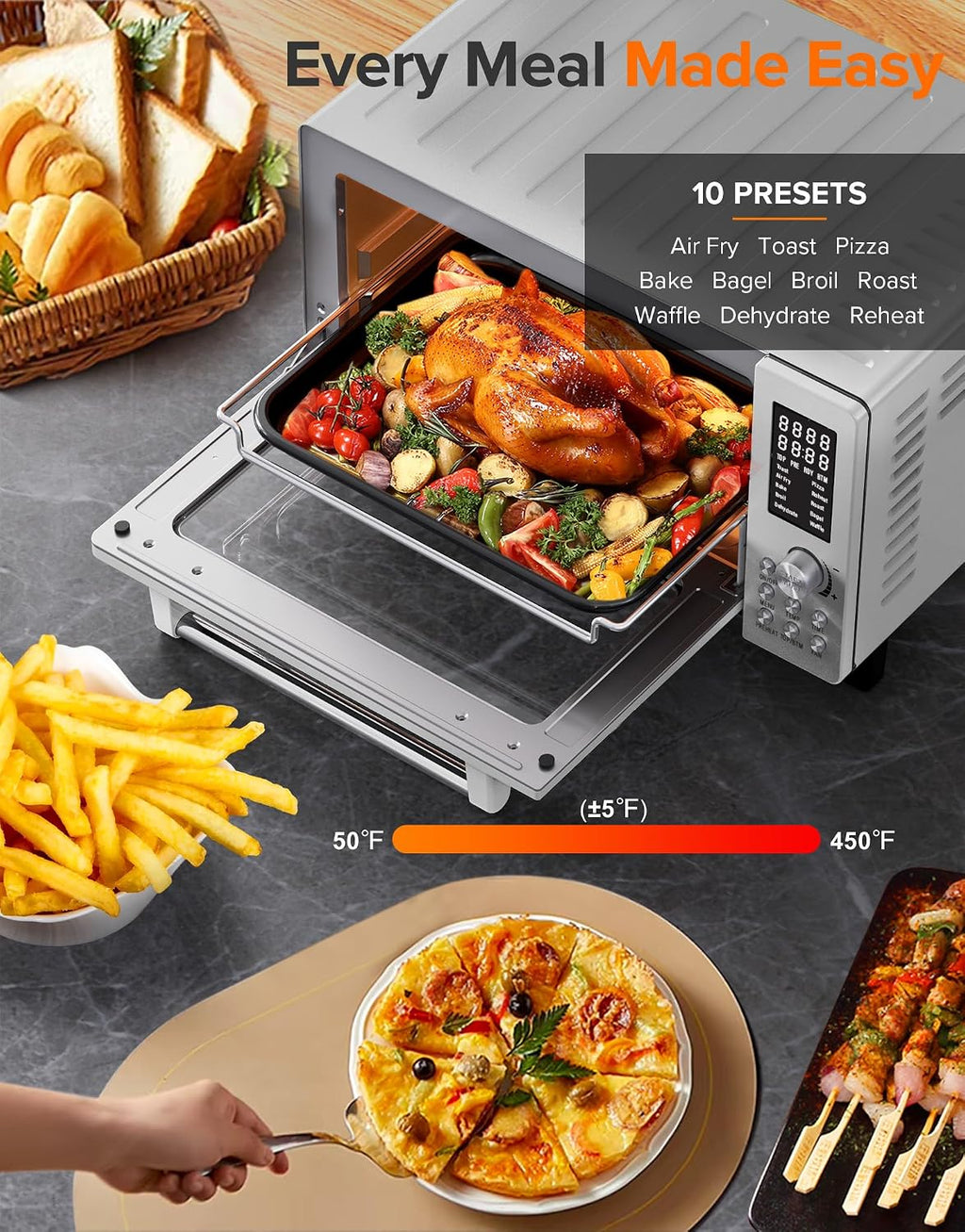 Bravo Pro Smart Air Fryer Toaster Oven Countertop Combo | 10-in-1 Cooking Functions, 1800W, 50-450°F, 21-Qt