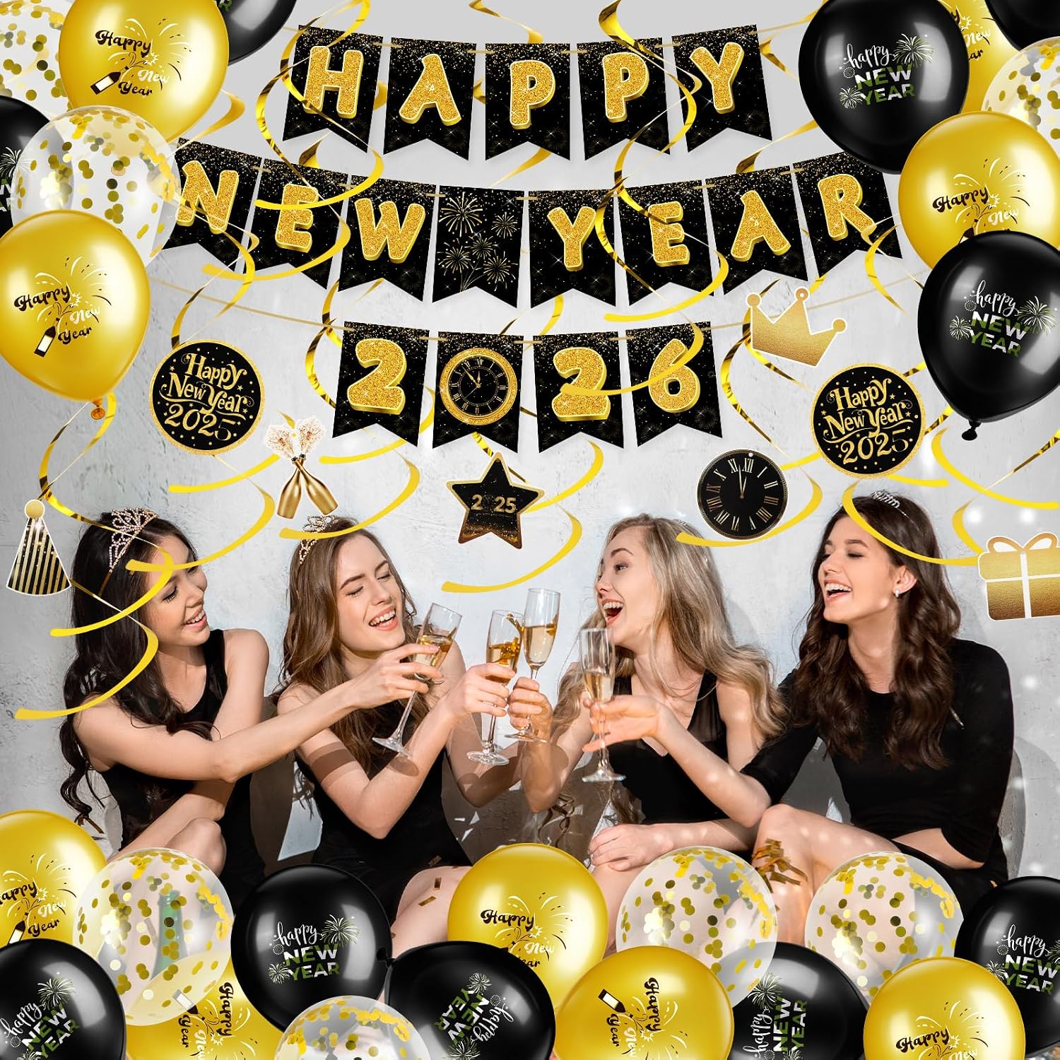 2026 New Years Eve Party Decoration Supplies Happy New Year Banner Gold and Black Hanging Swirls Balloons Cake