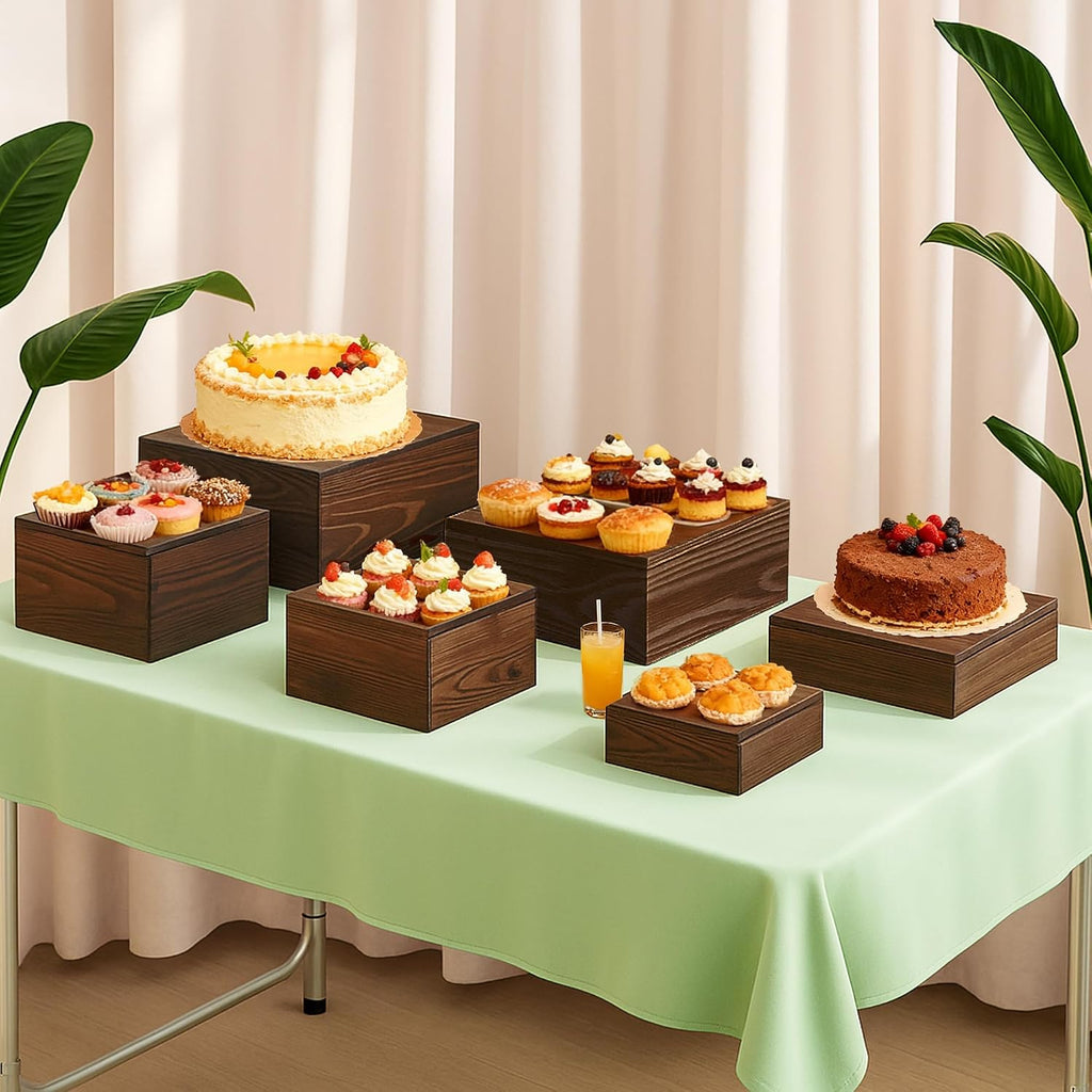 6-Pack Wood Risers Display Stands, Multi-Height Food Risers for Buffet Table, Rustic Wooden Cake & Cupcake Stands for
