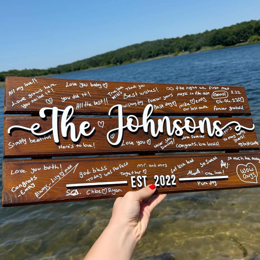 Personalized Wooden Wedding Guest Book Sign, Custom Family Name Sign with Est. Date, Rustic 3D Guestbook Alternative