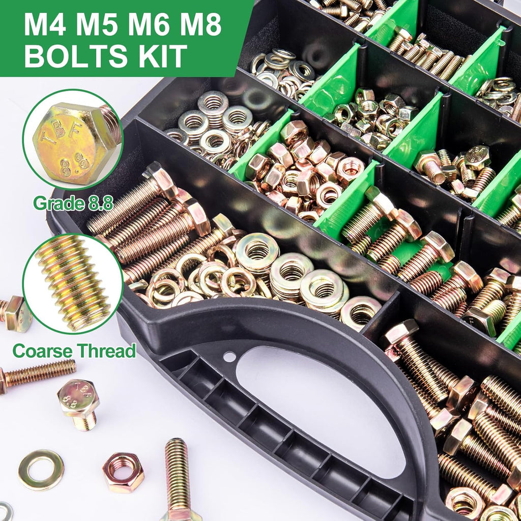 907pcs Grade 8.8 Metric Bolt Assortment, M4 M5 M6 M8 Heavy Duty Bolts and Nuts Kit, Yellow Zinc Plated, Length from