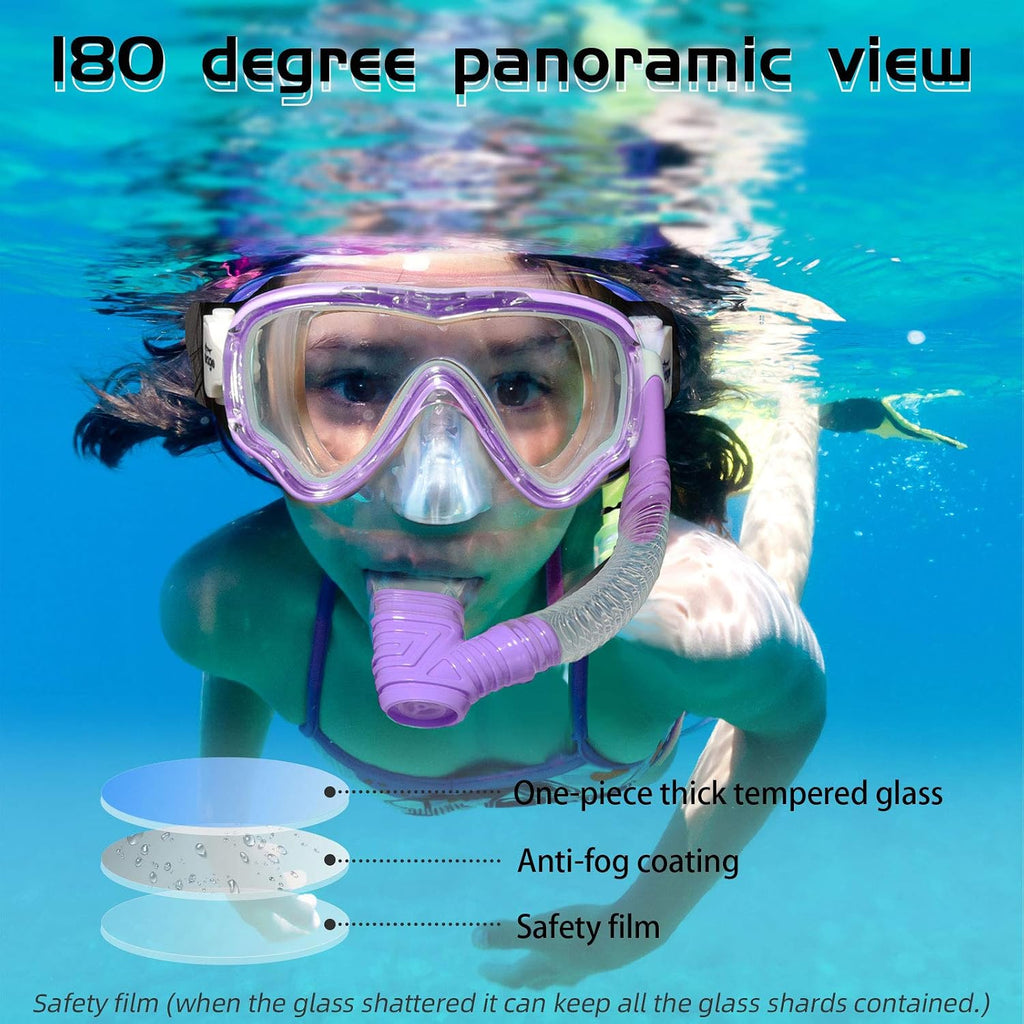 Kids Swim Goggles Snorkel Diving Mask for Youth(5-15), Anti-Fog 180° Clear View
