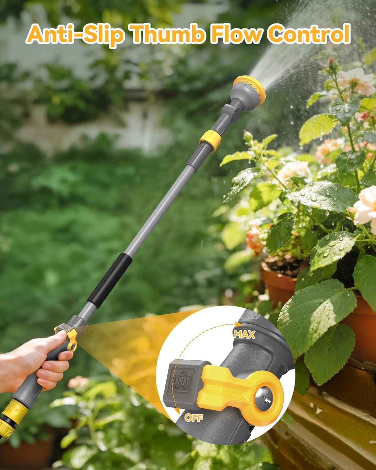 Watering Wand for Garden Hose, Adjustable 29–43 Inch Watering Wand with 10 Spray Patterns & 180° Swivel Head, Thumb