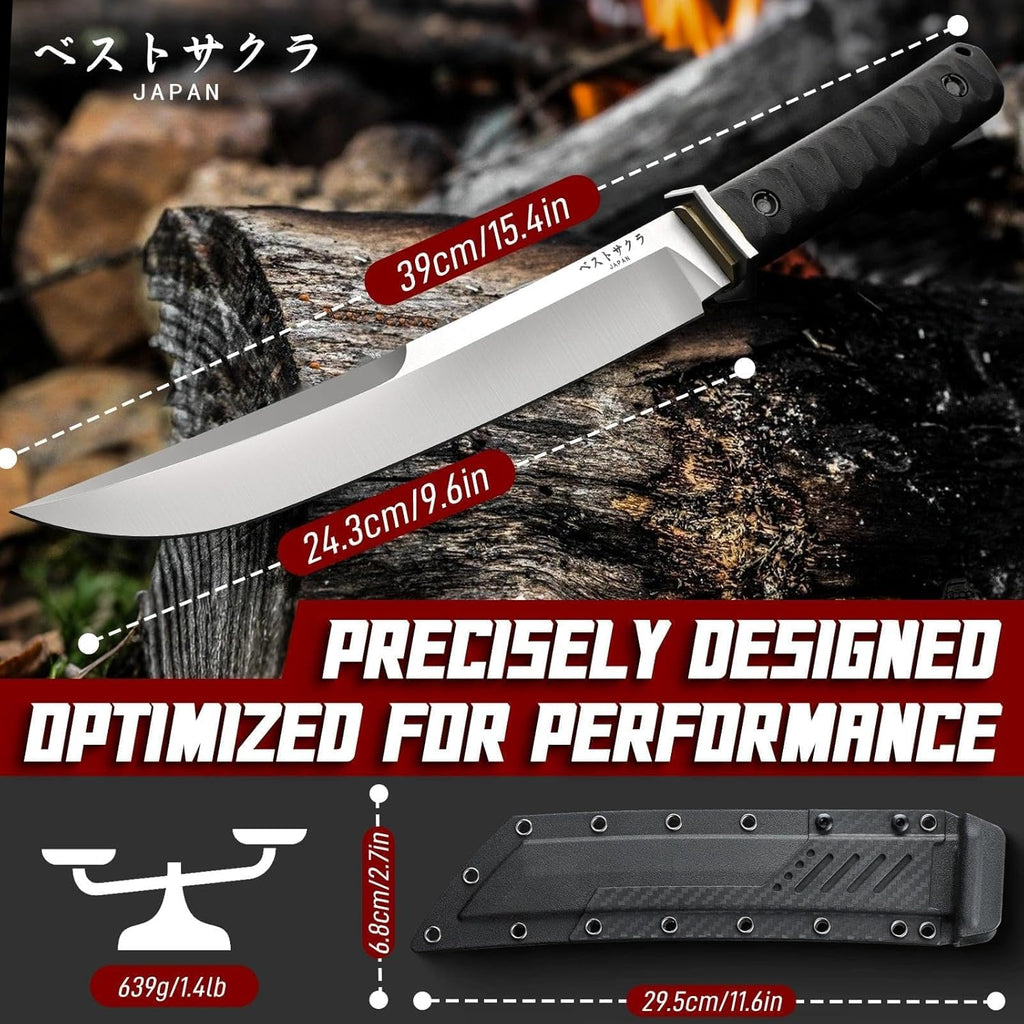 Japanese Fixed Blade Knife with Sheath, Heavy Duty Machete Knife | D2 Steel Survival Knife with 6mm Thick Spine for