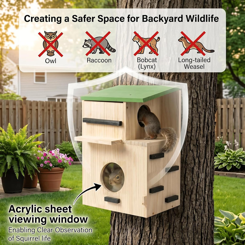 Large Squirrel Houses for Outside, Squirrels Nesting Box with Platform, Solid Wood Squirrel Box, Backyard Squirrel